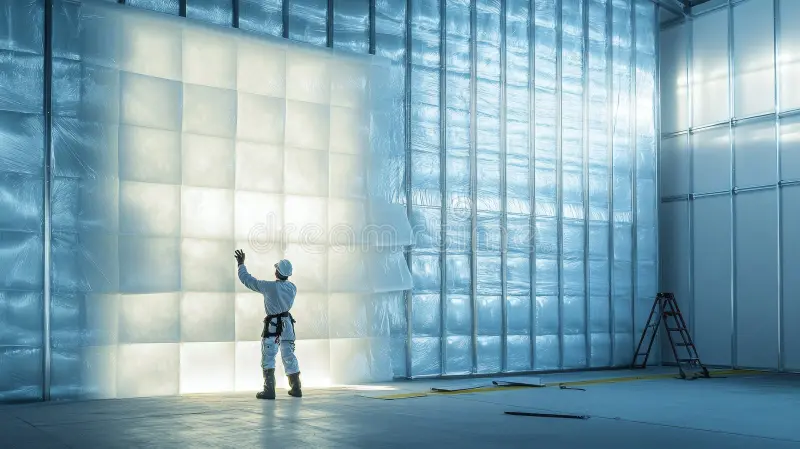 Arbeiter installiert großformatige lichtdurchlässige Aerogel-Isolierpaneele im Innenraum – Anwendung in Bau und Sanierung.